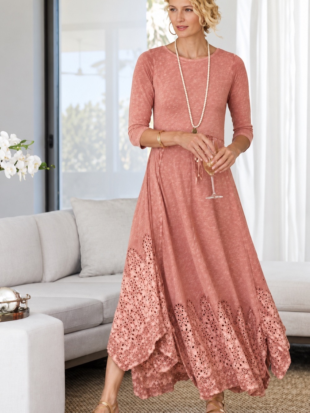 Soft Surroundings Casablanca Blush Pink Eyelet Boho Maxi Dress M Lagenlook Artsy